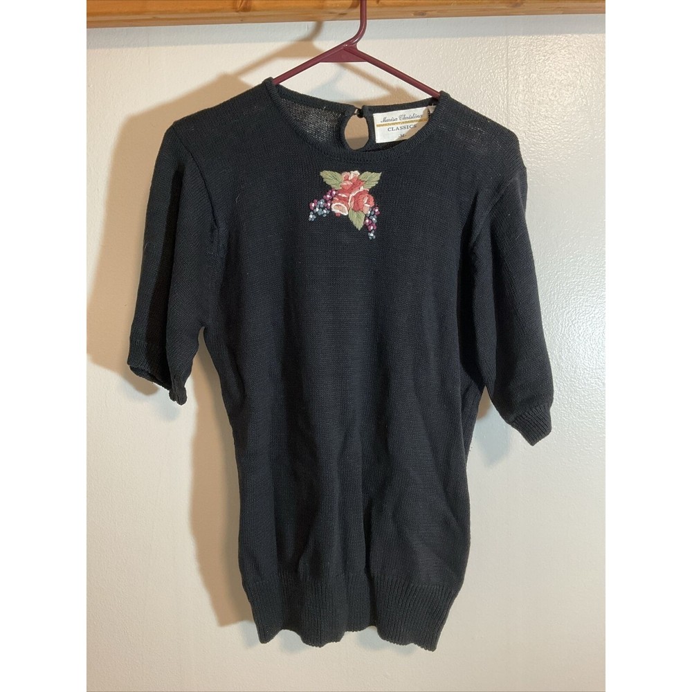 Marisa Christina Classics Women’s M Black Short Sleeve Sweater Vintage Art